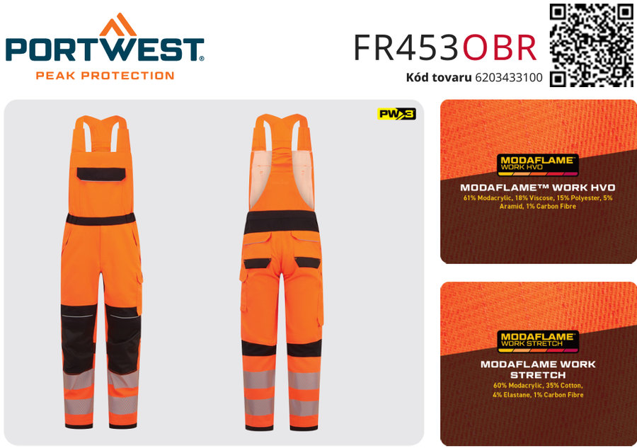 Portwest FR453 PW3 Modaflame Nehorľavé Hi-Vis multinorm nohavice na traky