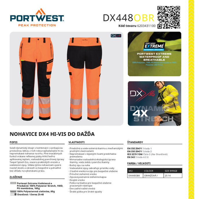 Portwest DX448 DX4 Hi-Vis Nepremokavé nohavice do dažďa