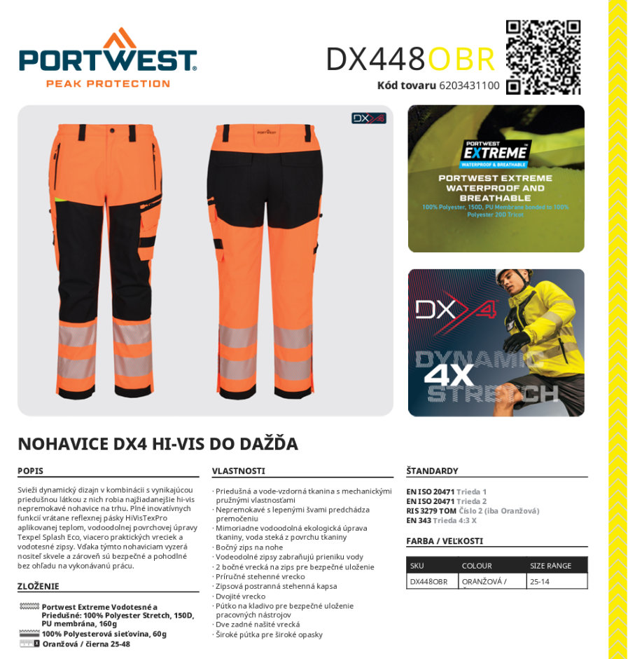 Portwest DX448 DX4 Hi-Vis Nepremokavé nohavice do dažďa