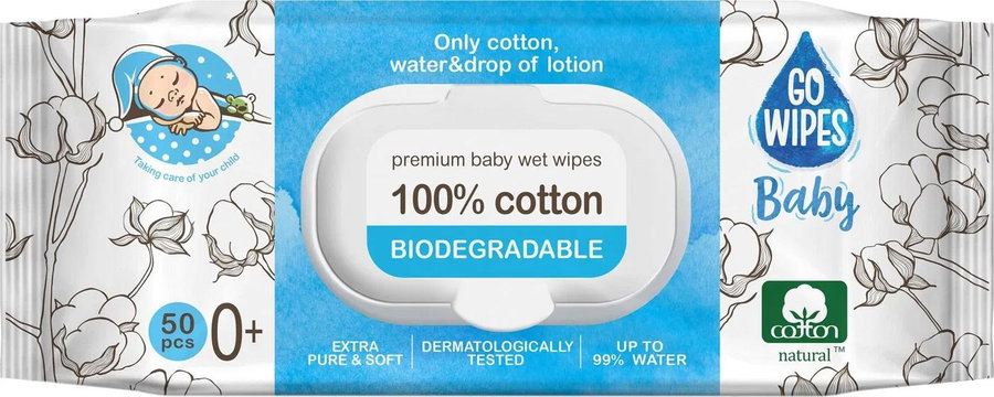 GoWipes Baby Detské vlhčené obrúsky 100% bavlna 50 ks